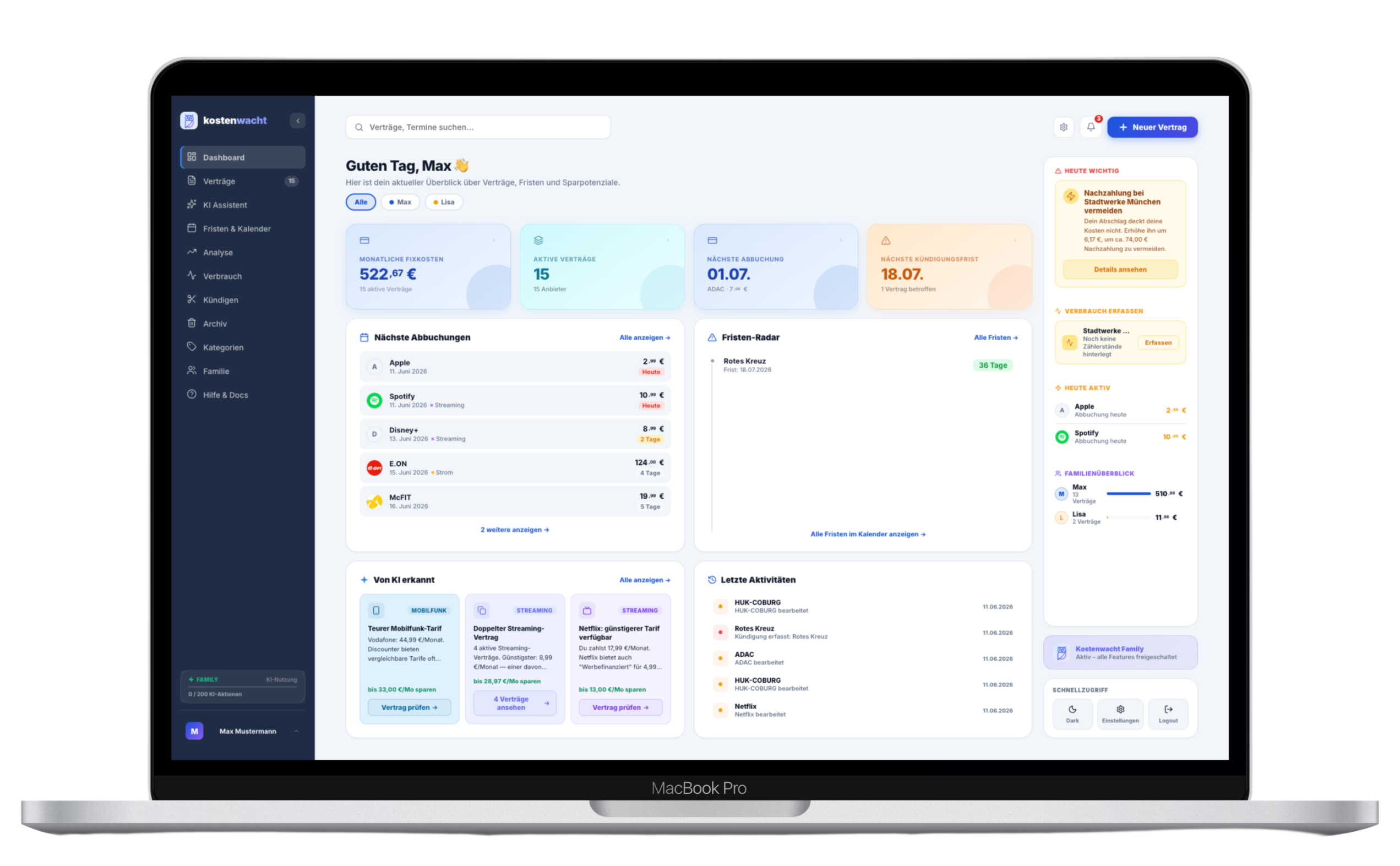 Kostenwacht Dashboard im MacBook